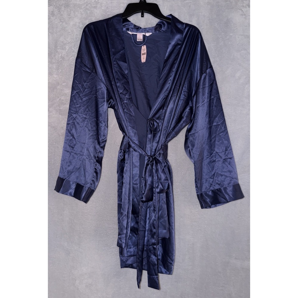 Y2K 2001 Victoria's Secret Satin Robe Navy Blue One Size NWT Long Belted